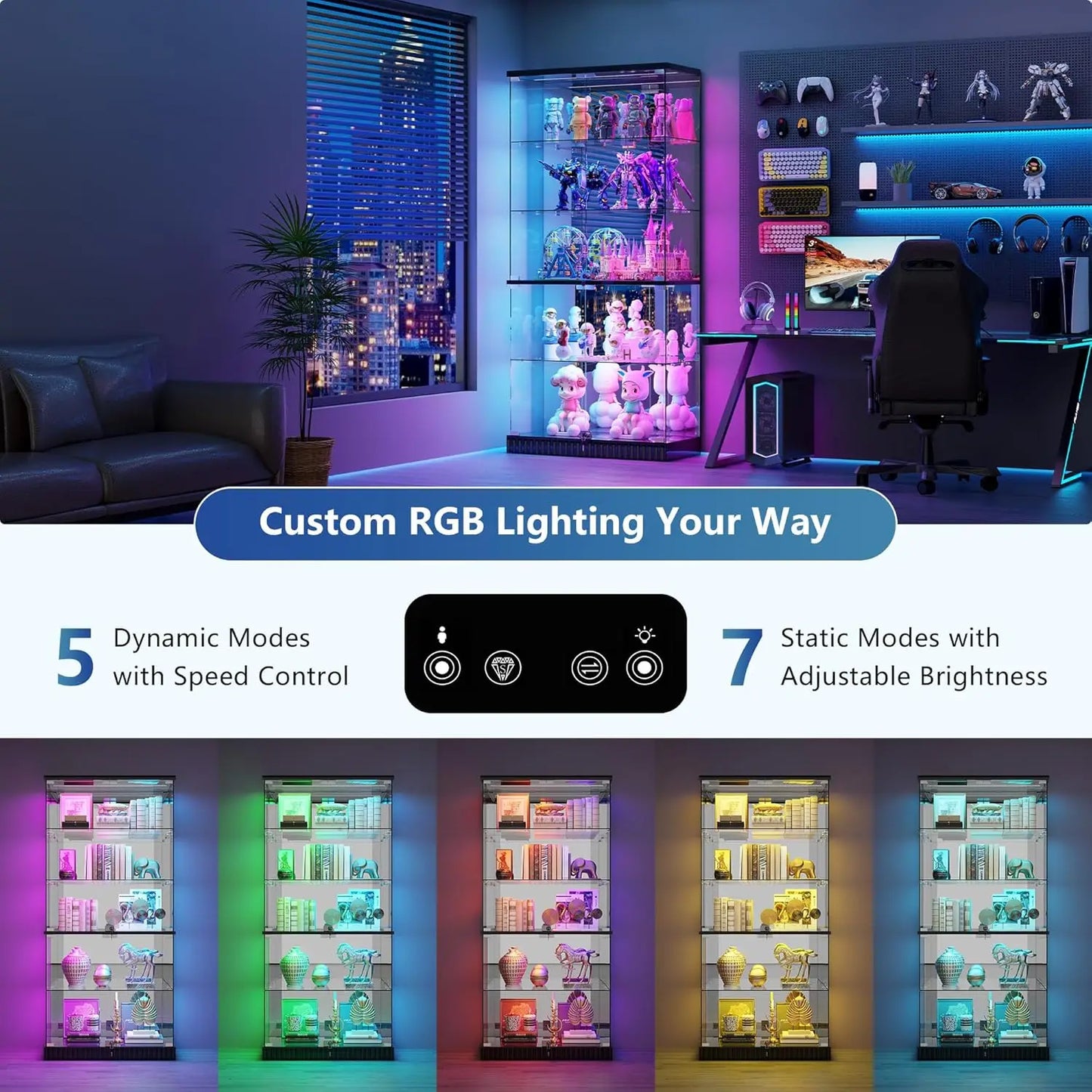 Glass Display Cabinet with RGB Lights - 5-Tiers Curio Cabinet Display Case with Lock, Frameless Tall Showcase, Customized