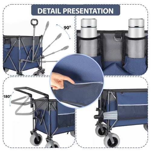 Heavy-Duty Multi-Functional Folding Wagon - Push-Pull Design, 9"x4" Beach Tires, Rotating Handle 300L XL 480lbs Load
