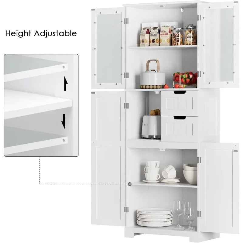 67'' Tall Storage Cabinet, Bathroom Storage Cabinet with Frosted Glass Doors and Wood Drawers, Kitchen Pantry White