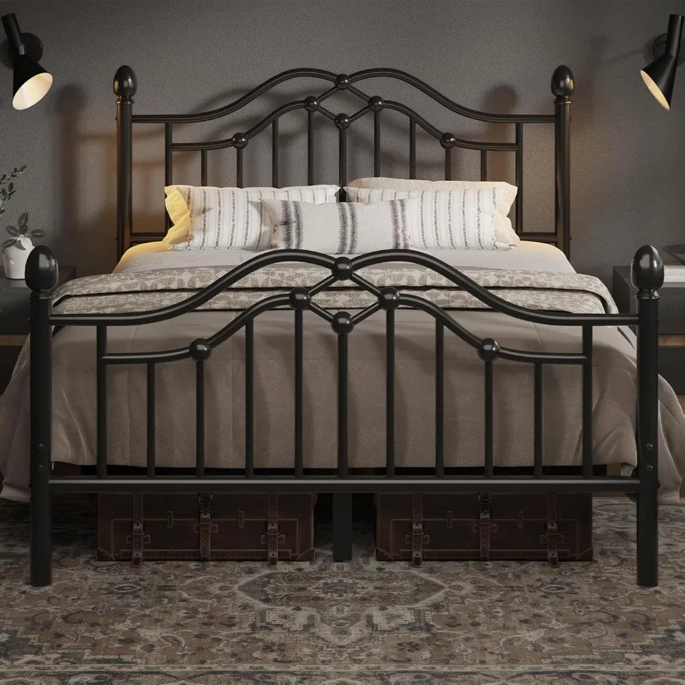 Full Metal Bed Frame with Classical Headboard and Footboard, Platform Bed Frame with Sturdy Metal Slats Support, Adequate Under