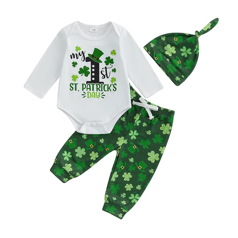 St Patrick's Day Baby Boys Shamrock Print Long Sleeve Rompers Long Pants Hat 3Pcs Outfit Set