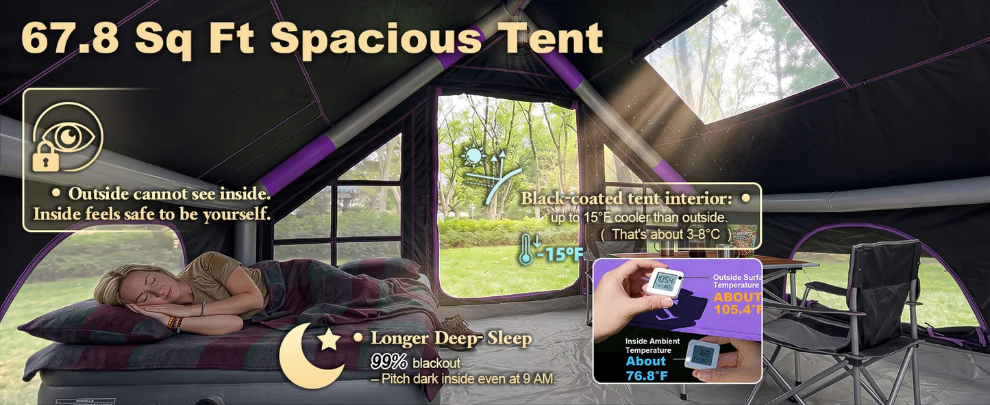 SENLEETO 67.8 SqFt Inflatable Camping Tent for 2-3 Person with Stove Jack,Black Coating Easy Setup Blow Up Tent with Skylight AC Vent Mesh Window