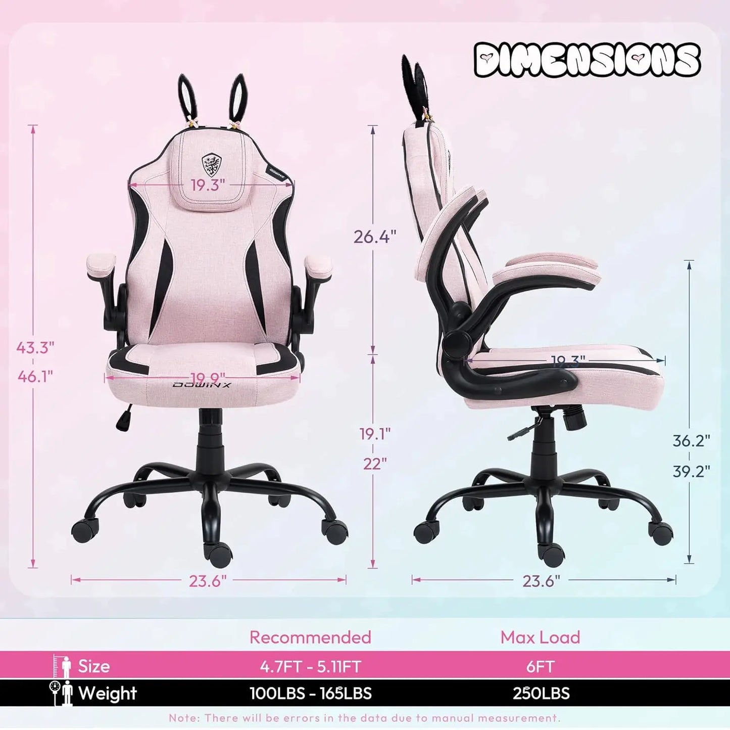 Gaming Chair with Removable Cute Bunny Ears, Desk Game Chair Adiustable Height Cloth for Girl, Ergonomic Computer Chair