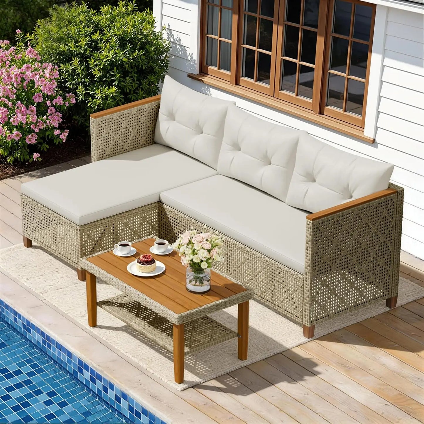 3 Piece Outdoor Sectional Sofa Set Hollow Rattan Patio Seating with Coffee Table & Ottoman for Deck Porch Poolside, Customized