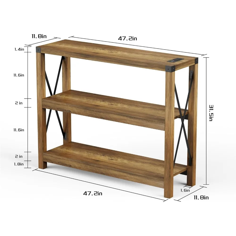 47.2 Entryway Table with Outlets and USB Ports, Console Table with 3-Tier Open Storage Shelves, Wooden Sofa Table with Metal X-S