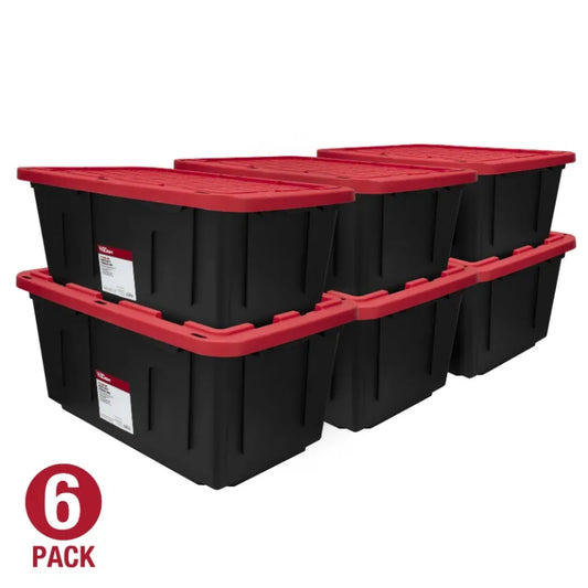 (6 pack/ 4pack) Hyper Tough Large Storage Bin, 27 Gallon Plastic Storage Container with Snap-On Lid, Black and Red