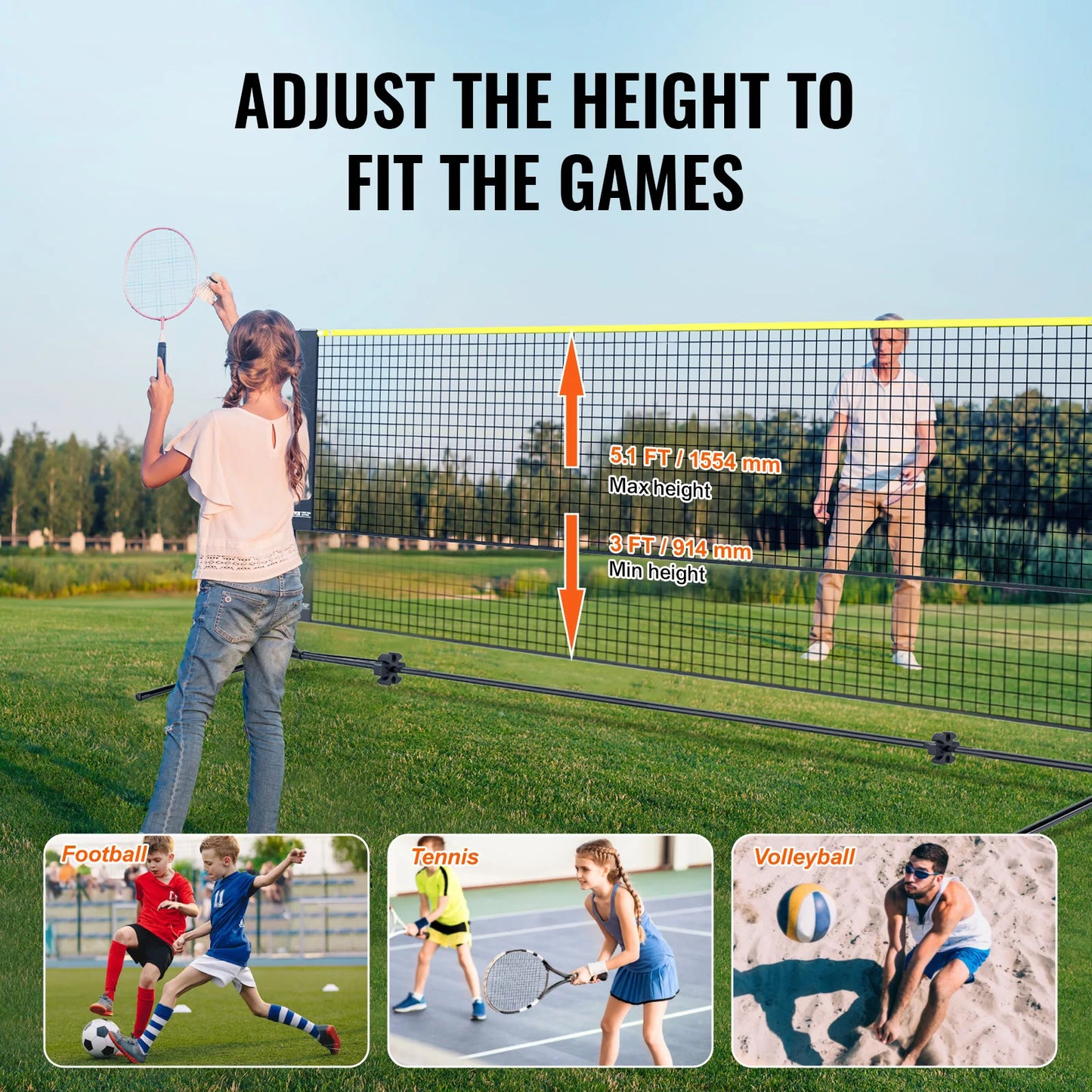 SucceBuy 10/14/17FT Badminton Net Height Adjustable Volleyball Net Wide Foldable Pickleball Portable Easy Setup Tennis Net Set