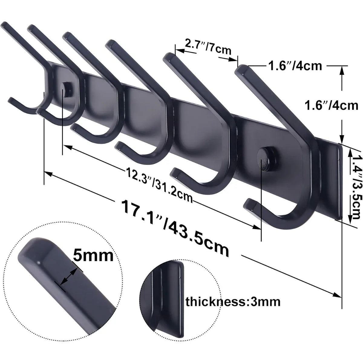Wall Mounted Coat Rack with 6 Double Hooks Heavy Duty Metal Rail for Purse Clothes Jacket Entryway Black