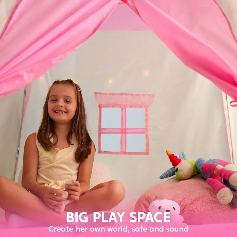 JOYFY Pink Princess Tent for Girls with LED Star Lights Large Playhouse Kids Castle Play Tent for Children Indoor Outdoor Games