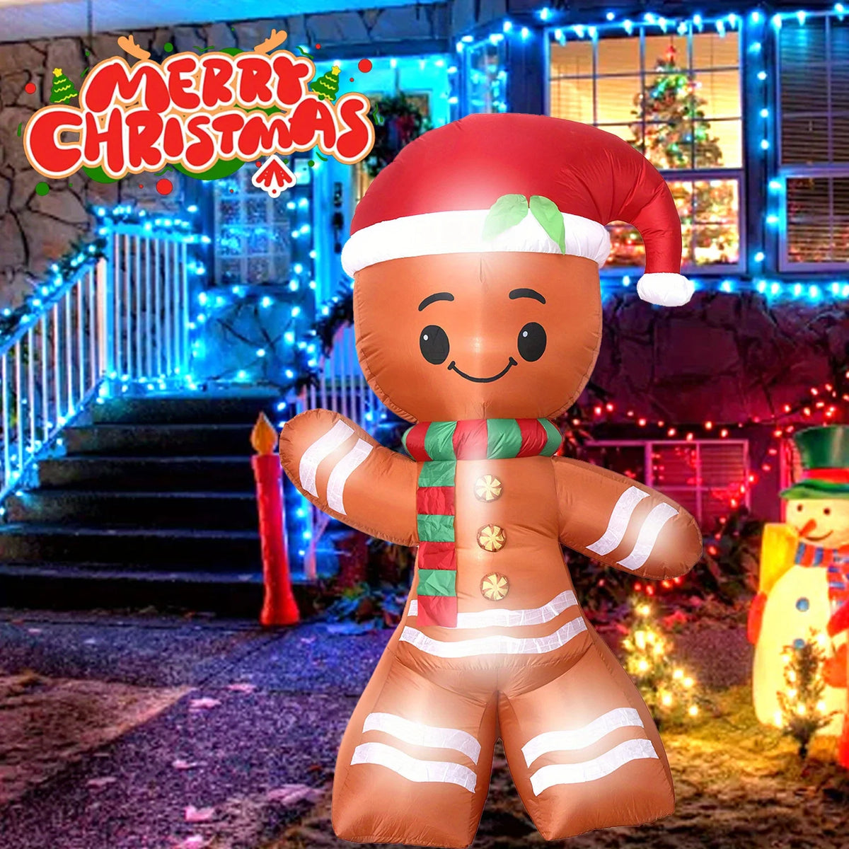 7.8FT LED Light Up Gingerbread Man Inflatable Cheerful Christmas Blow Up Decor with Santa Hat Scarf Winter Holiday Quick Inflate for Outdoor Yard Garden Lawn Chird Party Inflatable Decorative Item