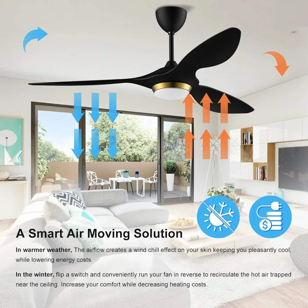 52 Inch Black Modern Ceiling Fans with Lights and Remote Control, for Living Room Bedroom Patio Garage, ETL Listed