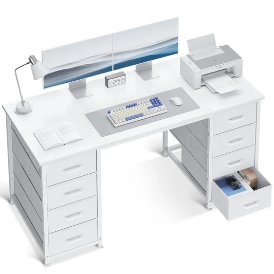 48 Inch White Computer Desk with 8 Fabric Drawers, Modern Office Desk with Large Storage for Home Office, Study, Gaming, White