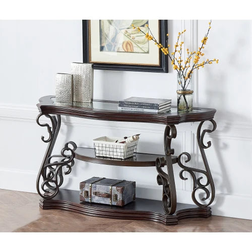 Traditional Glass Top Sofa Table With Marble Look Shelf And Metal Legs