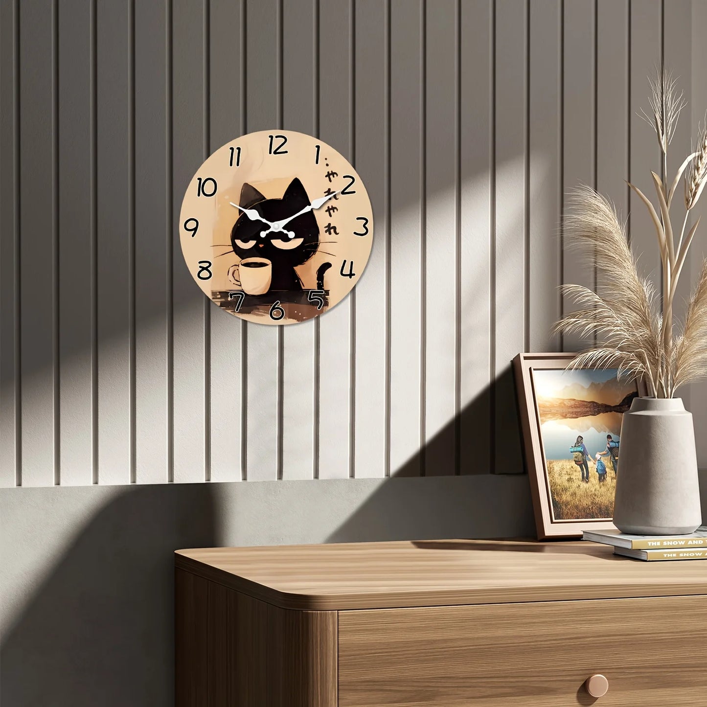A 10-16 inch Japanese style cute black cat large wooden wall clock - battery powered, circular silent lazy clock, suitable for d