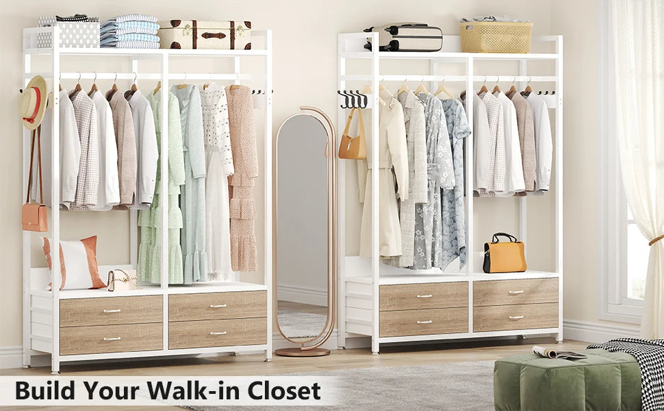 Tribesigns Freestanding Closet Organizer for Hanging Clothes, Heavy Duty Garment Rack with Drawers, 8 Hooks and Storage Shelves