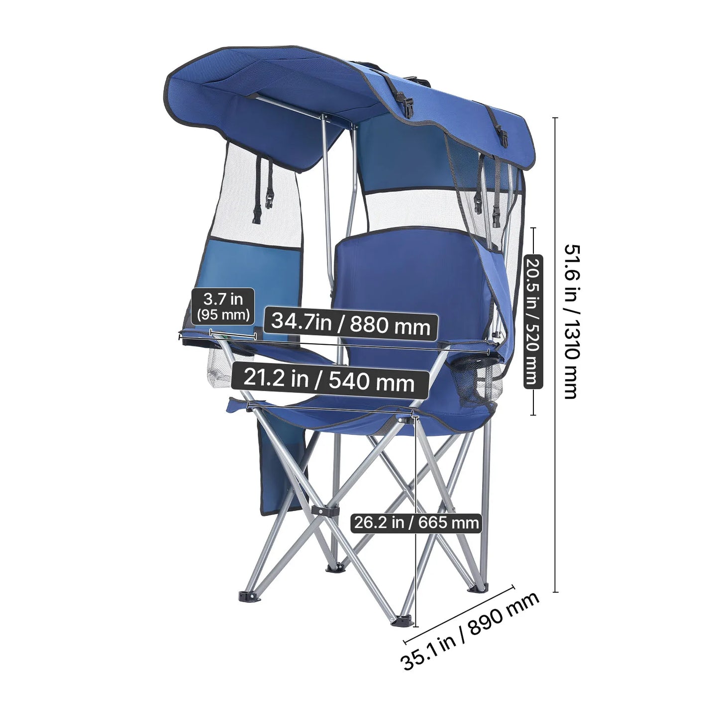 SucceBuy 330lbs Camping Chair with Canopy Shade Magazine Pocket 2 Cup Holders Carry Bags for Outdoor Fishing Tailgates Deep Blue