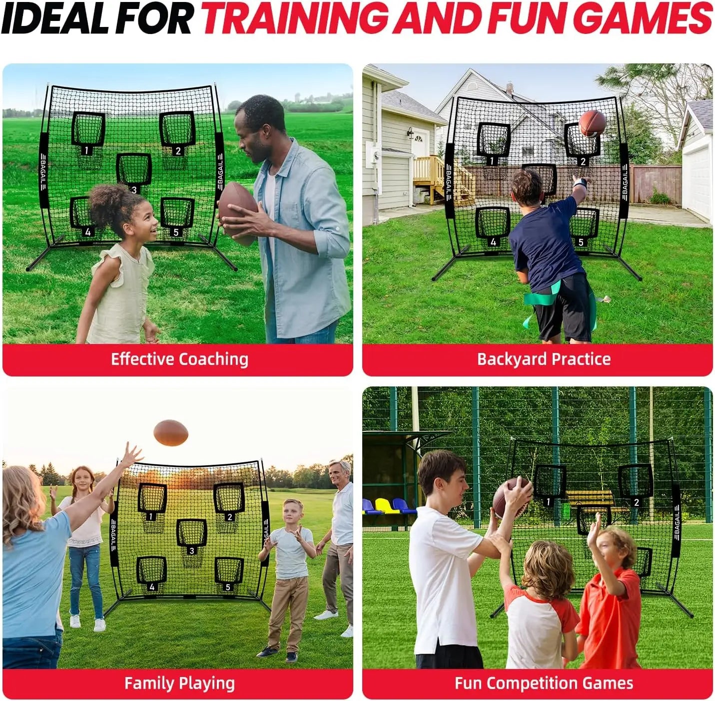 Football Throwing Net - 5 or 9 Target Pockets, Easy Setup, Heavy-Duty, Portable QB Accuracy Trainer with Carry Bag