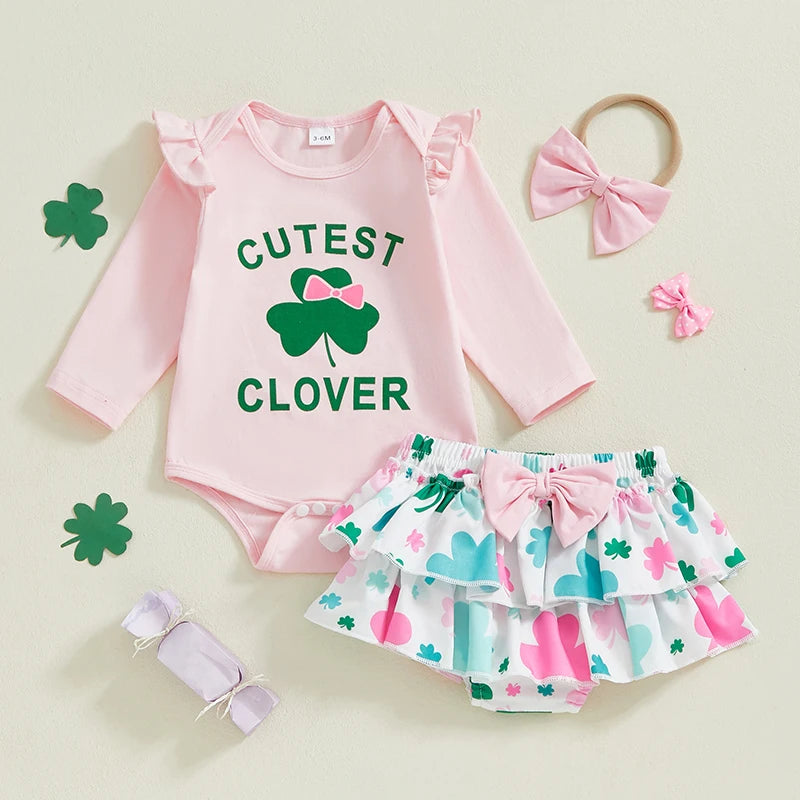 St Patrick s Day Toddler Girl Green Shamrock Print Long Sleeve Romper Ruffle Shorts Headband 3-Piece Outfit Set