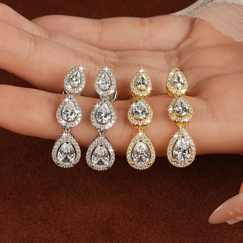 OXTAO 3-Stone Pear Cut 5A CZ Halo Drop Earrings for Women Girl Birthday Party Gift D VVS1 for Women Tassel Moissanite Dangle Earrings 14K Gold Filled