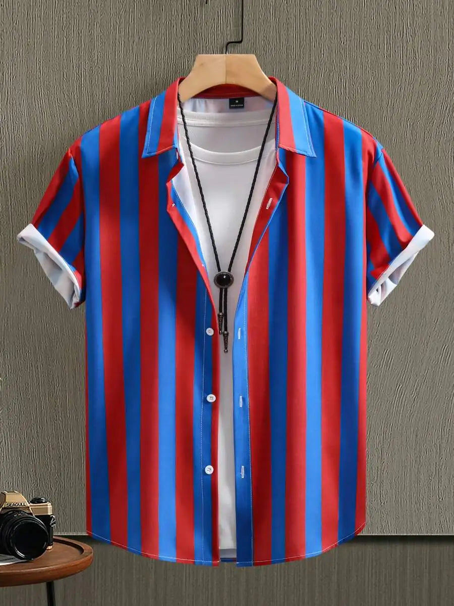 Men Vertical Striped Button Up Short Sleeve Shirt Casual