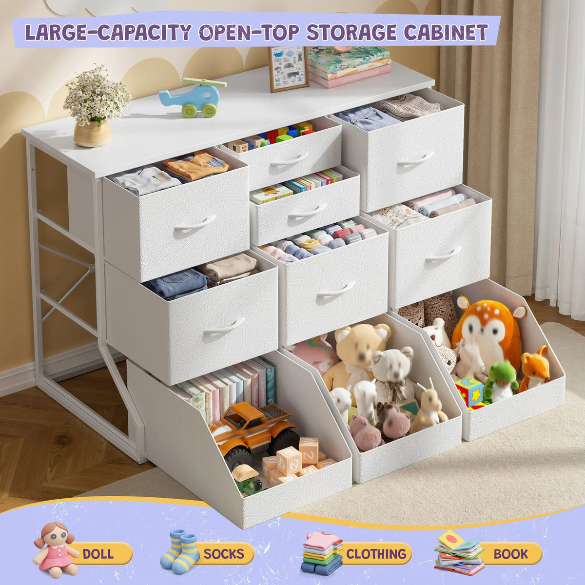 EnHomee 10-Storage Fabric Dresser – 7 Drawers & 3 Open Compartments, Wood Top & Metal Frame – 39.3"W x 17.7"D x 31.5"H – For Bedroom, Entryway, Hallway