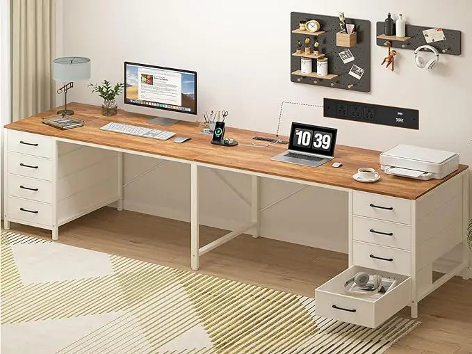 95" 2 Person Desk with 8 Drawers, Large Writing Home Office Desks with Outlets, I Shaped Workstation Double Desk Drawer Orga