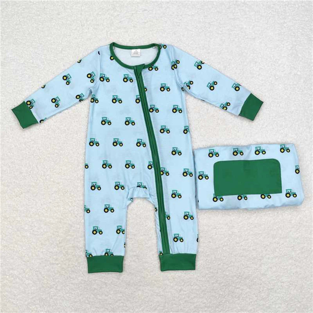 Baby Boys Green Tractors Bamboo Zip Rompers Infant Clothing Soft Eco-Friendly Baby Outfit for Boys
