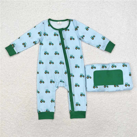 Baby Boys Green Tractors Bamboo Zip Rompers Infant Clothing Soft Eco-Friendly Baby Outfit for Boys