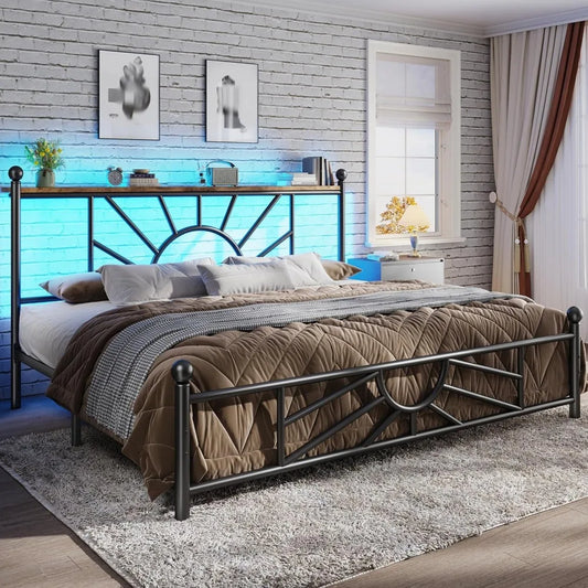 Complete Metal Bed Set with Headboard & Footboard, Built-in LED Lights, Under-Bed Storage & Noise-Free Design