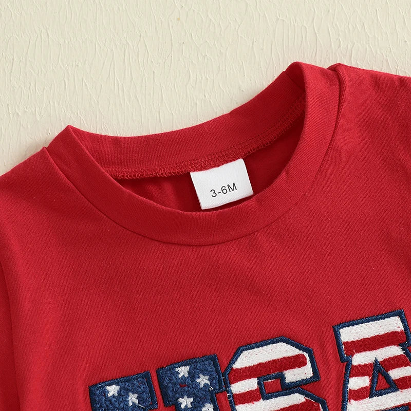 Infant Independence Day  Oversized Design with Embroidered Message Round Neck Short Sleeve Baby Outfit for Fourth of July