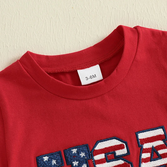 Infant Independence Day  Oversized Design with Embroidered Message Round Neck Short Sleeve Baby Outfit for Fourth of July