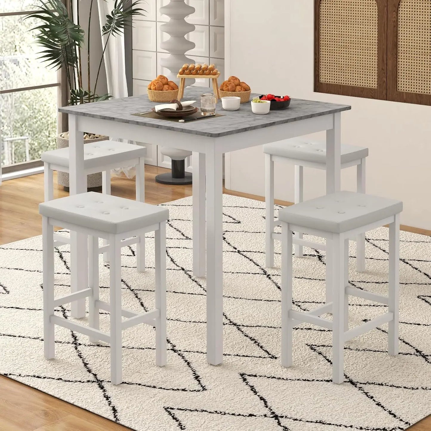 Counter Height Dining Table Set For 4, Space Saving Kitchen Table With 4 Padded Bar Stools, Elegant Faux Marble Breakfast Nook Table Set for Apartments Dining Room, White