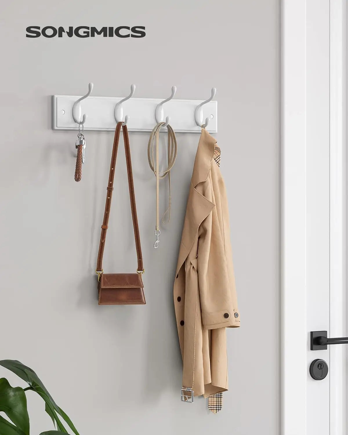 Wall Mounted Coat Rack with 4 Dual Metal Hooks for Entryway Bedroom Living Room Storage White