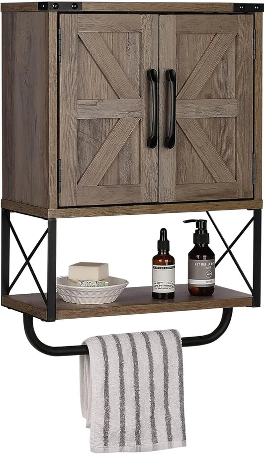 Farmhouse Rustic Medicine Cabinet with Two Barn Door,Wood Wall Mounted Storage Cabinet with Adjustable Shelf and Towel Bar