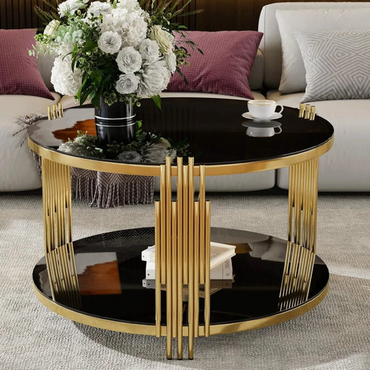 mirror coffee table, asymmetrical metal, circular metal drum base, gold finish lower shelf modern, black