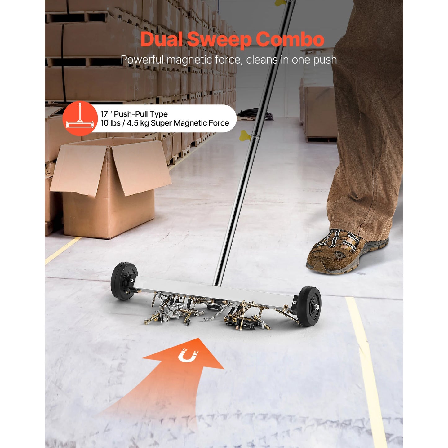 SucceBuy Magnetic Sweeper with Wheels 17 inch 10 lbs Load Capacity with Adjustable Handle, Pick Up Nails and Screws for Garages