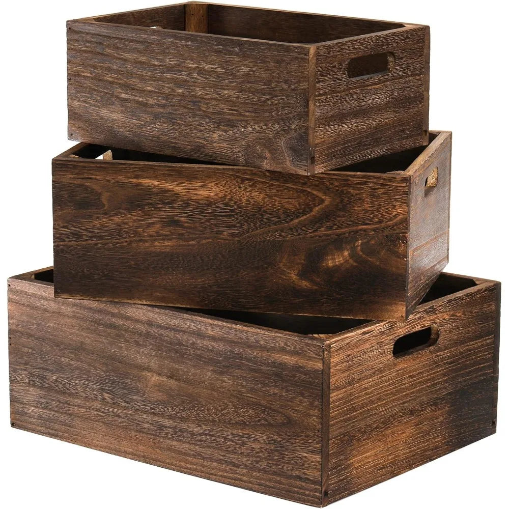 Set of 3 Nesting Wood Storage Crates with Handles Rustic Farmhouse Baskets Solid Handmade Containers