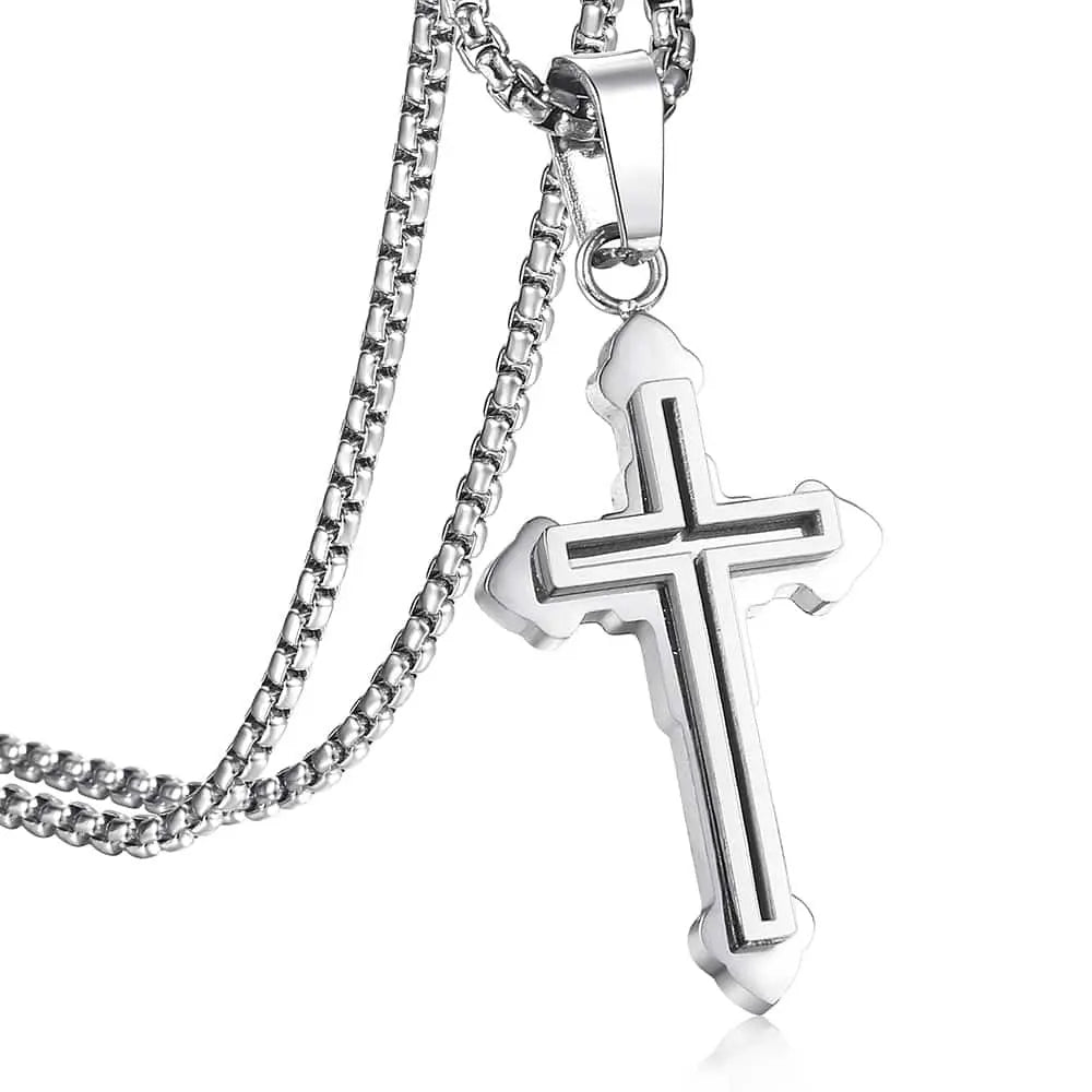 Hermah Stainless Steel Cross Pendant Necklace for Men Women Gold Silver Color Double Layers Cross Necklace Religious Jewelry