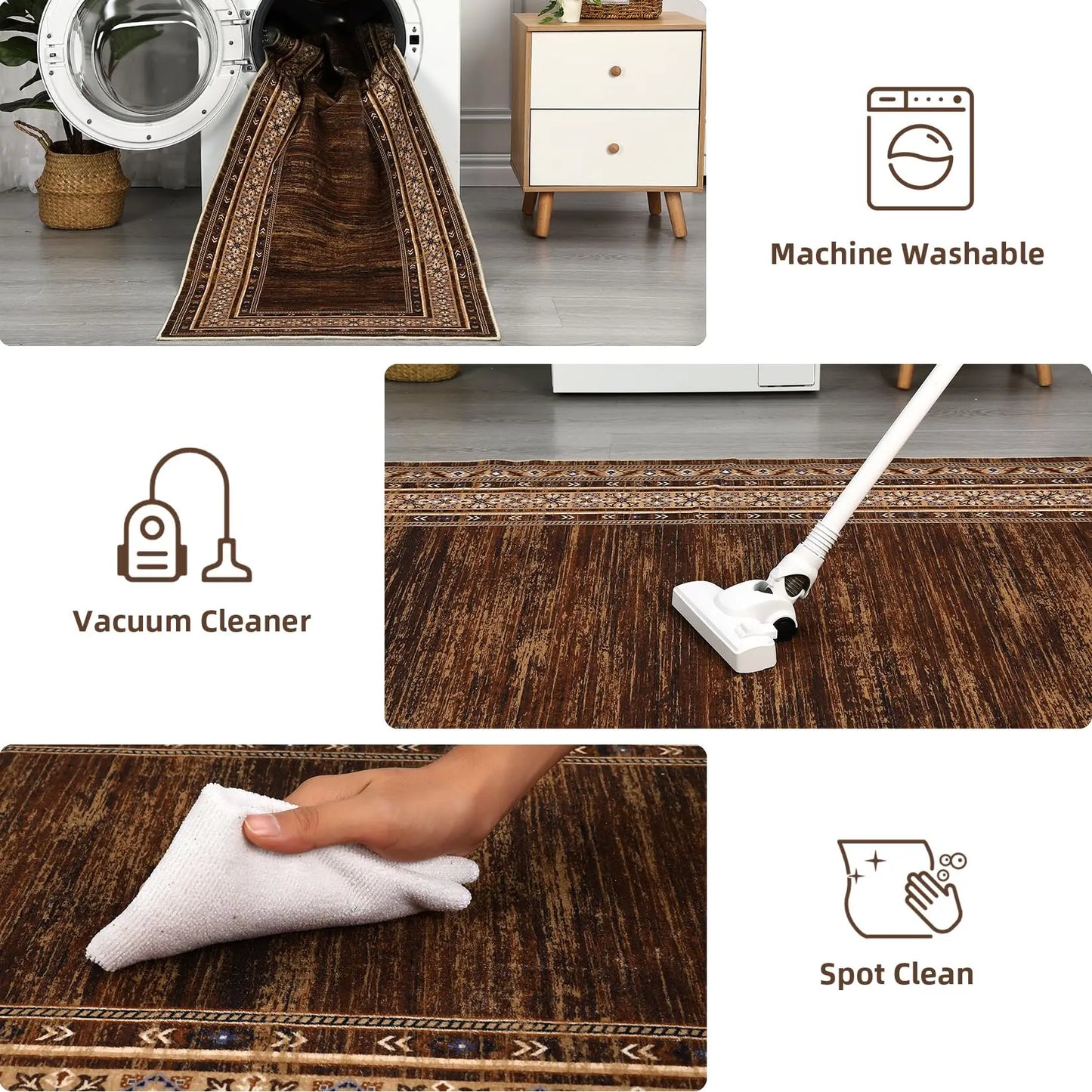 Area Rug 8x10 Washable Rug Brown Modern Living Room Rugs Soft Non Slip Throw Carpet Low Pile Bordered Contemporary Floor Cover for Bedroom Dining Room Foldable Thin Rugs