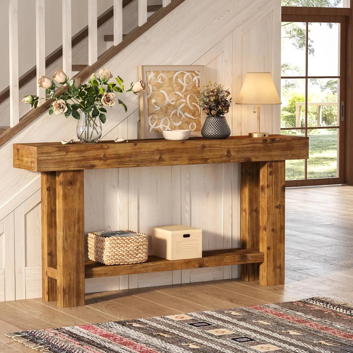 63-Inch Solid Wood Long Console Table, Farmhouse Narrow Entryway Sofa Table with 2-Tier Storage, for Living Room,, Customized
