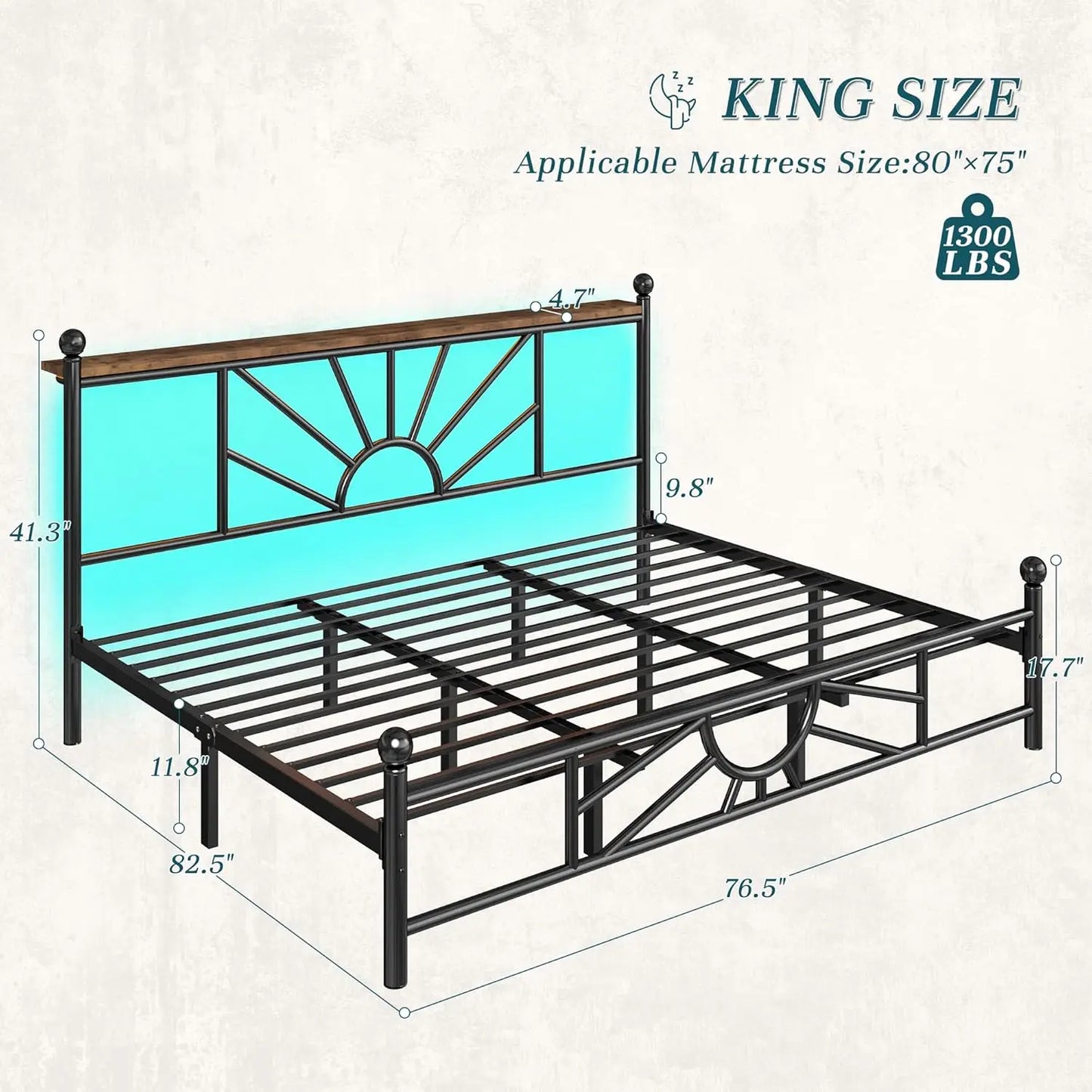 Metal King Bed Frame and Headboard, Footboard,King Size Bed Frame with LED Light, Mattress Foundation with Under Bed Storage