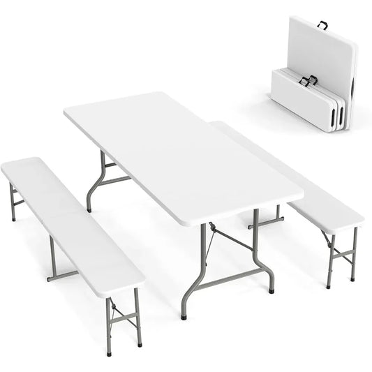 3-Piece Picnic Table Set with 2 Benches 6 Feet Folding Camping Furniture Smooth Indoor Outdoor Use