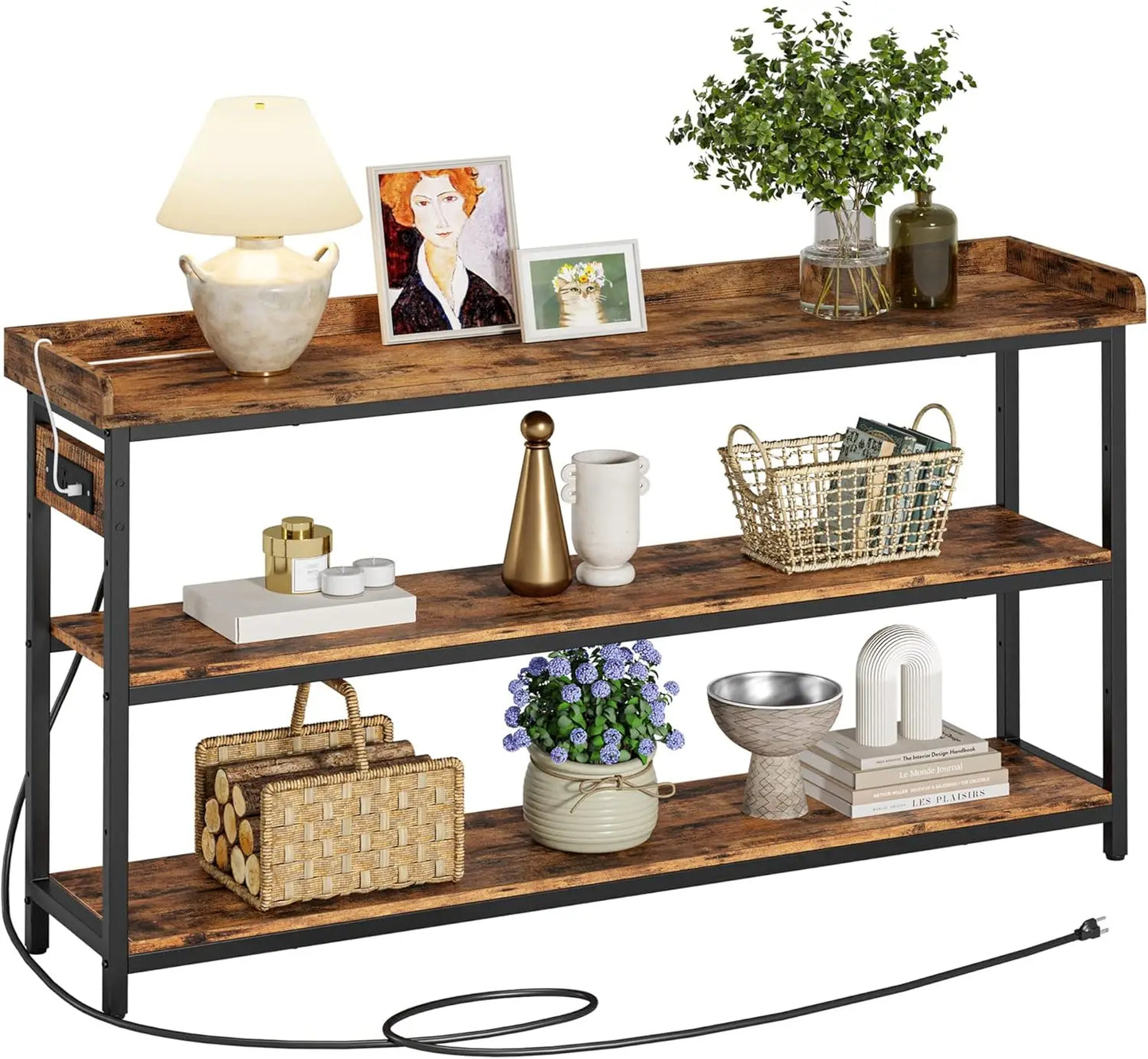 IRONCK Console Table, Sofa Table with Power Outlet, Farmhouse Hallway Table for Entryway, Living Room, Height Adjustable, 55"