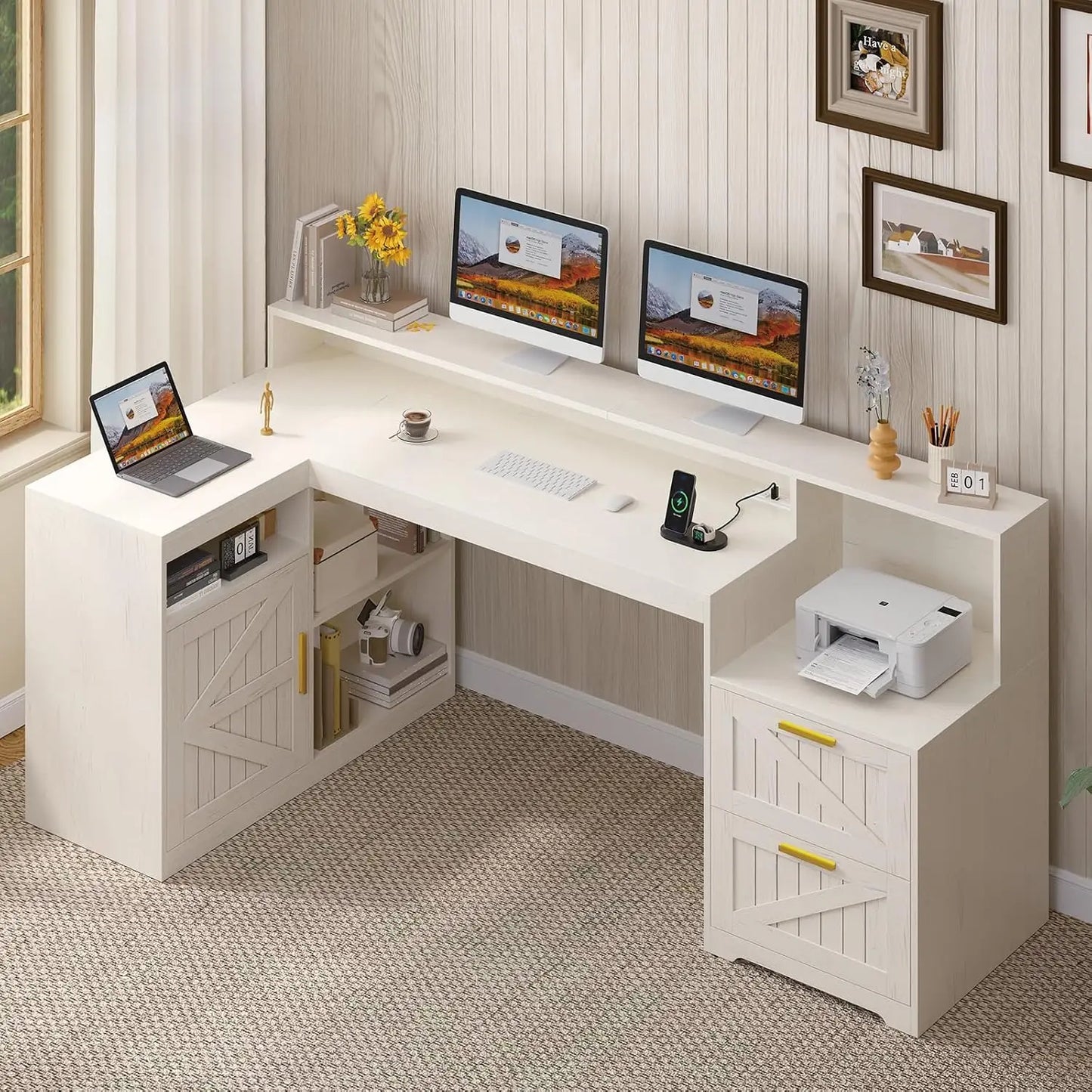 62.2" Farmhouse L Shaped Home Office Desk, Drawers, Storage Shelves & Power Outlet, Custom