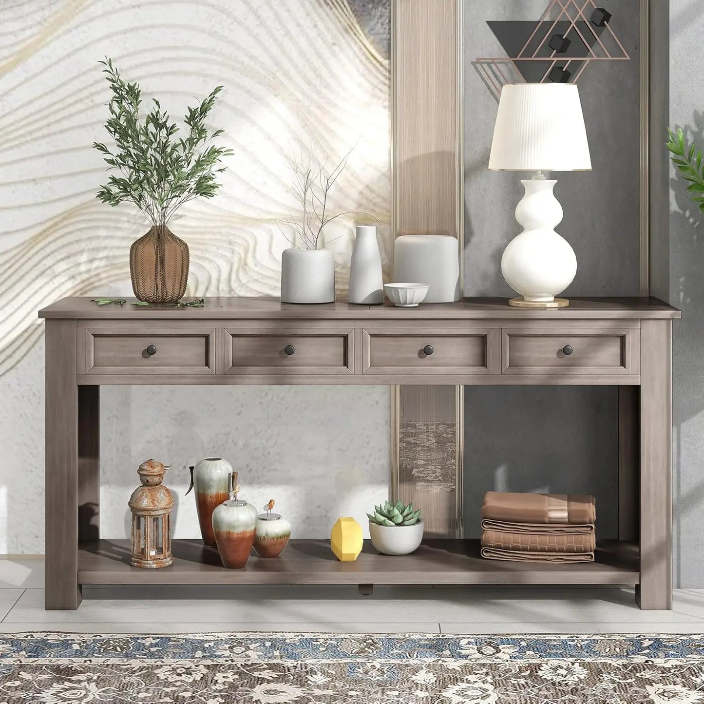 Console Table with 4 Storage Drawers Bottom Shelf, Rustic Distressed Sofa Table for Entryway Hallway, Assembly, Customized