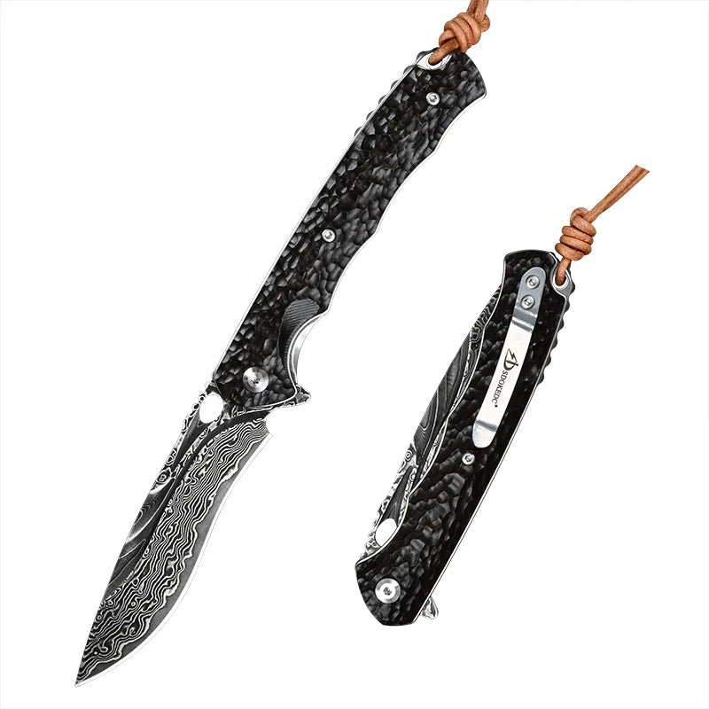 SDOKEDC Folding Knives VG10 Damascus Steel Hand Carved Ebony Pocket Knife Camping Survival Edc Multitool Utility Knife Mens Gift