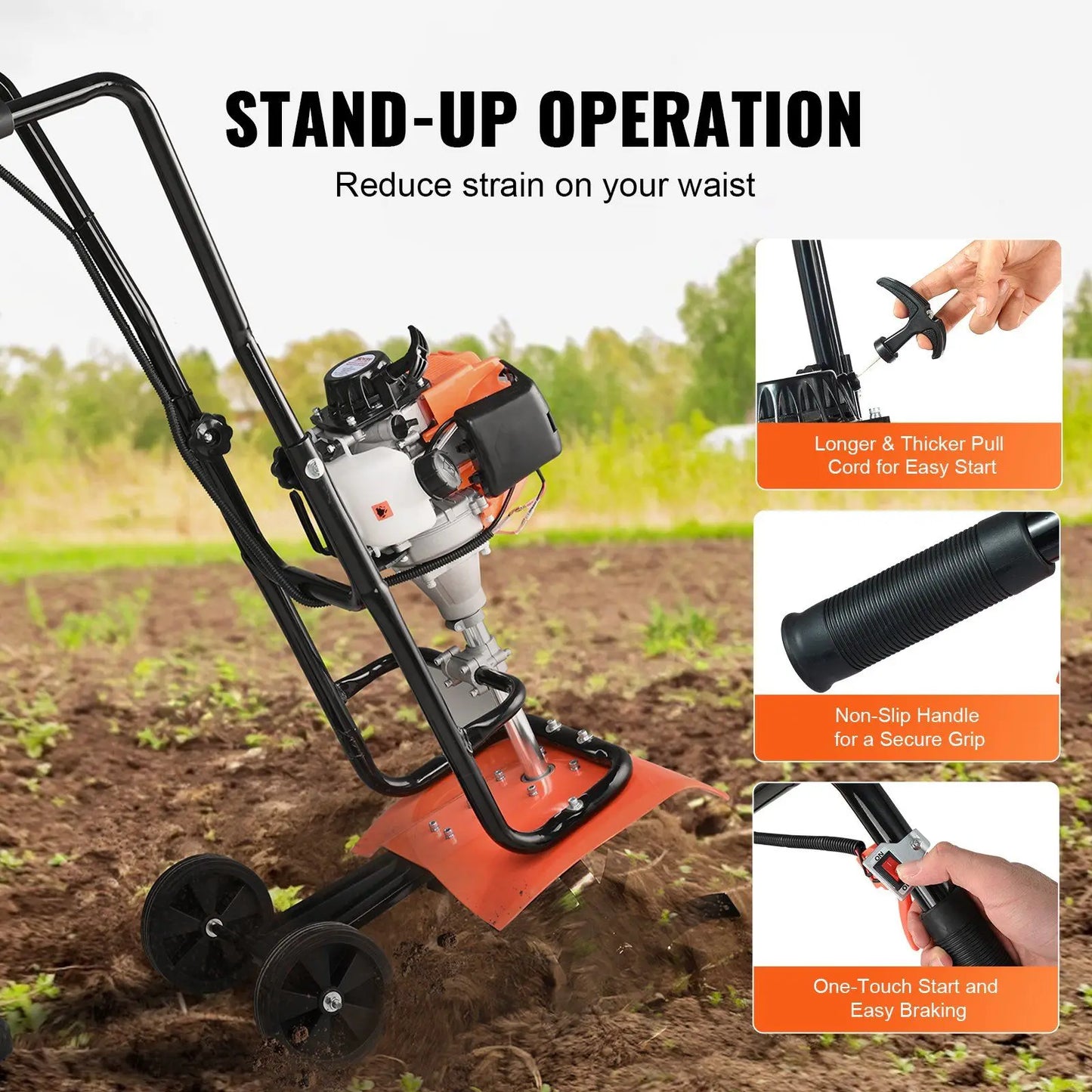Powerful 31CC 4-Stroke Tiller Cultivator with 4 Steel Adjustable Front Tines, Garden Cultivator for Lawn and Field