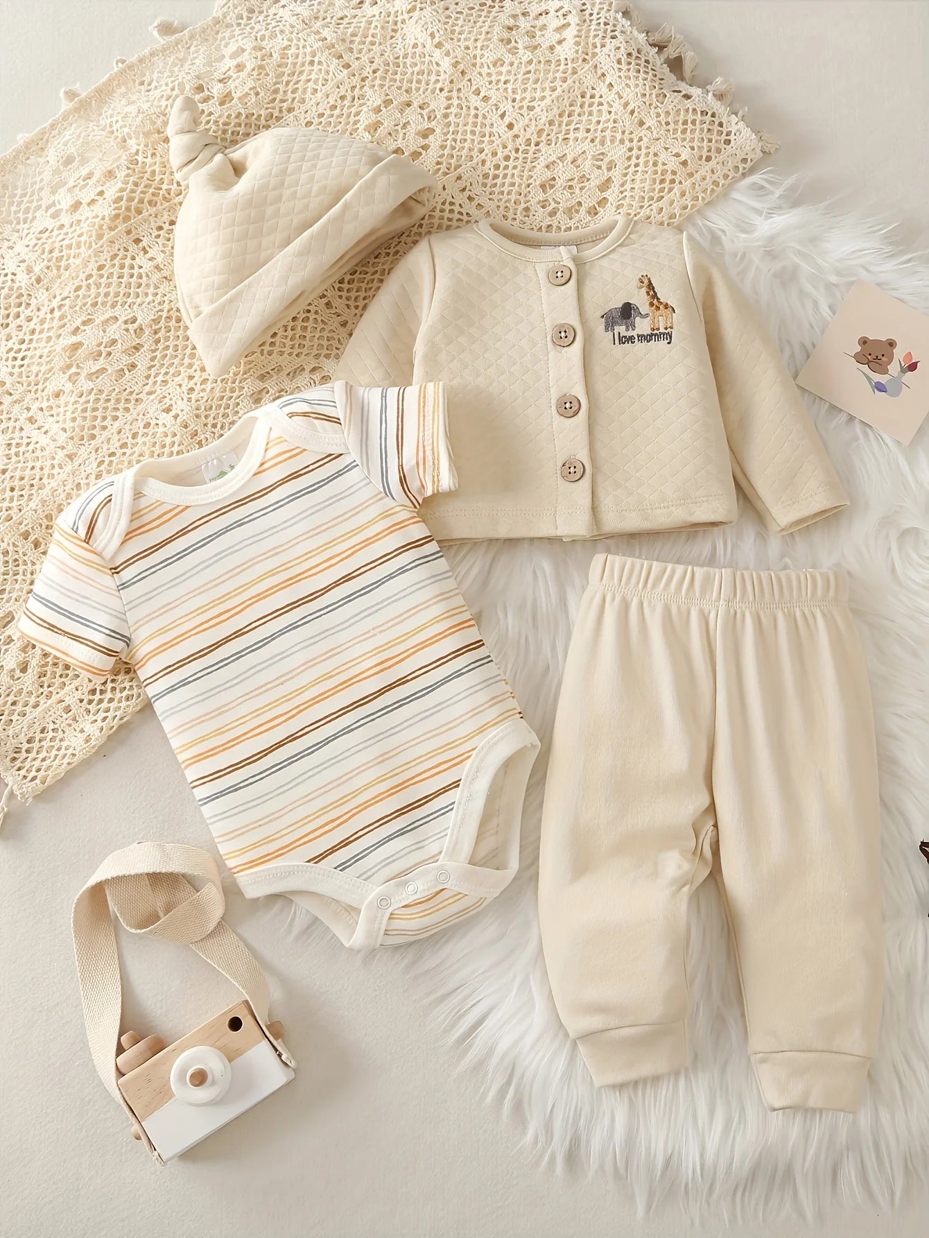 4pcs Baby Girls Autumn & Winter Set, Crew Neck Outdoor Outfit Including Thick Coat, Long Pants, Triangle Romper And Hat, Cotton Sweat-absorbent Outerwear Romper Set, Newborn Hospital Essentials, Special, Perfect for Outdoor