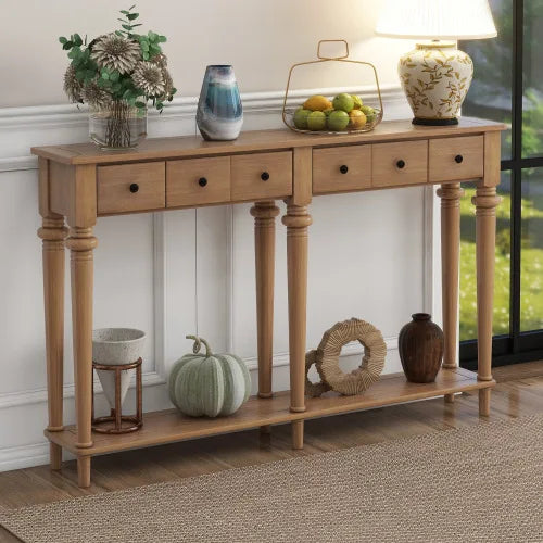 Rustic Pine Console Table with 4 Drawers and Open Shelf for Entryway