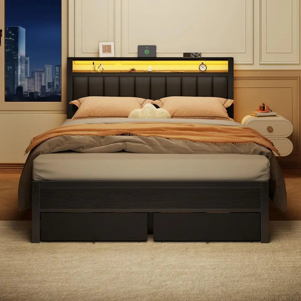 Queen Grey Upholstered Platform Bed With LED Lights Charging Station And Shelves